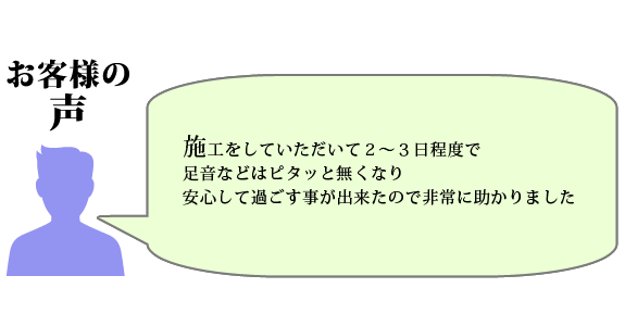 お客様の声：施工をしていただいて２～３日程度で足音などはピタッと無くなり安心して過ごす事が出来たので非常に助かりました