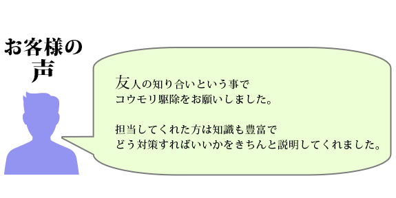 友人の知り合いという事で、コウモリ駆除をお願いしました。担当してくれた方は知識も豊富でどう対策すればいいかをきちんと説明してくれました。