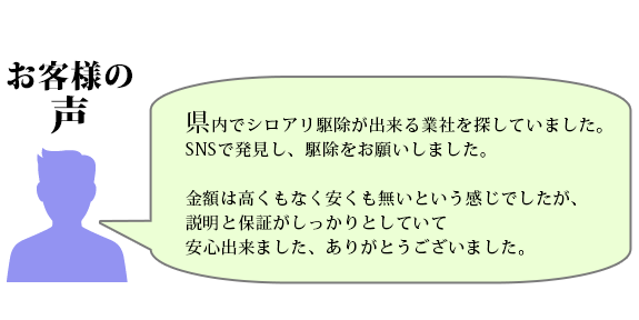 県内でシロアリ駆除が出来る業社を
探していました。SNSで発見し駆除をお願いしました。金額は高くもなく安くも無いという感じでしたが、説明と保証がしっかりとしていて安心出来ました、ありがとうございました。