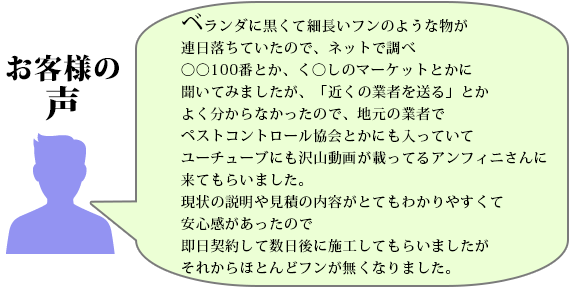 ベランダに黒くて細長いフンのような物が連日落ちていたので、ネットで調べ、◯◯100番とか、く◯しのマーケットとかに
聞いてみましたが、近くの業者を送るとかよく分からなかったので、地元の業者でペストコントロール協会とかにも入っていて、ユーチューブにも沢山動画が載ってるアンフィニさんに来てもらいました。現状の説明や見積の内容がとてもわかりやすくて安心感があったので、即日契約して数日後に施工してもらいましたが、それからほとんどフンが無くなりました。