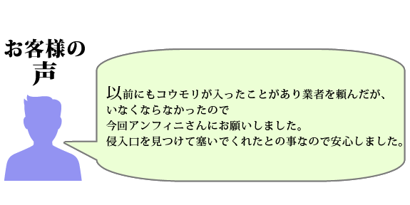 お客様の声：以前にもコウモリが入ったことがあり業者を頼んだが、いなくならなかったので
今回アンフィニさんにお願いしました。
侵入口を見つけて塞いでくれたとの事なので安心しました。