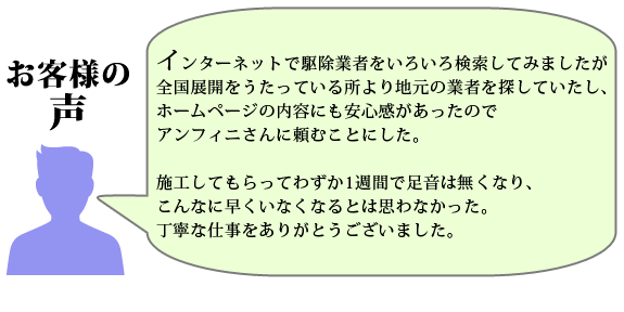 インターネットで駆除業者をいろいろ検索してみましたが、全国展開をうたっている所より地元の業者を探していたし、ホームページの内容にも安心感があったのでアンフィニさんに頼むことにした。
施工してもらってわずか1週間で足音は無くなり、こんなに早くいなくなるとは思わなかった。
丁寧な仕事をありがとうございました。