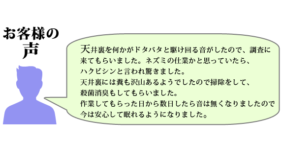 インターネットで駆除業者をいろいろ検索してみましたが、全国展開をうたっている所より地元の業者を探していたし、ホームページの内容にも安心感があったのでアンフィニさんに頼むことにした。
施工してもらってわずか1週間で足音は無くなり、こんなに早くいなくなるとは思わなかった。
丁寧な仕事をありがとうございました。